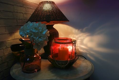 Lampshade,Lighting,Lamp,Lighting accessory,Blue,Light,Light fixture,Nightlight,Table,Still life photography