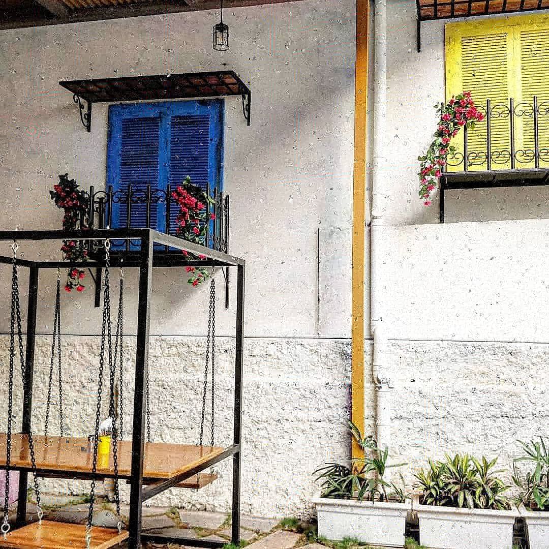 Blue,Wall,Yellow,Iron,Window,Facade,Door,Architecture,House,Tree