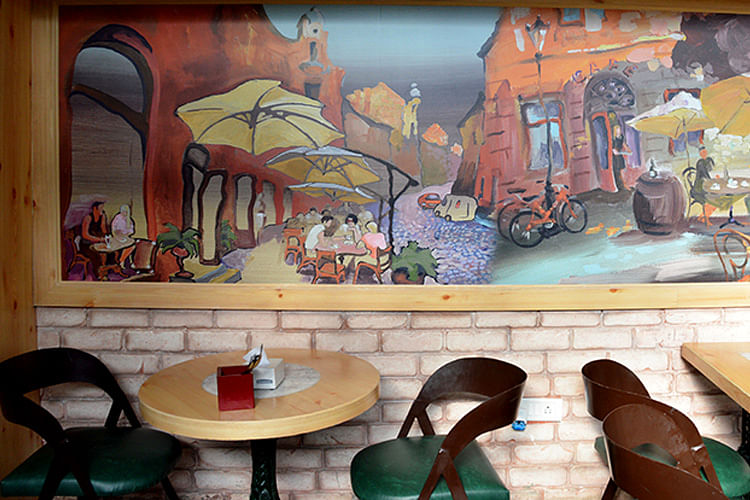 Mural,Wall,Painting,Room,Art,Footwear,Interior design,Visual arts,Architecture,Table