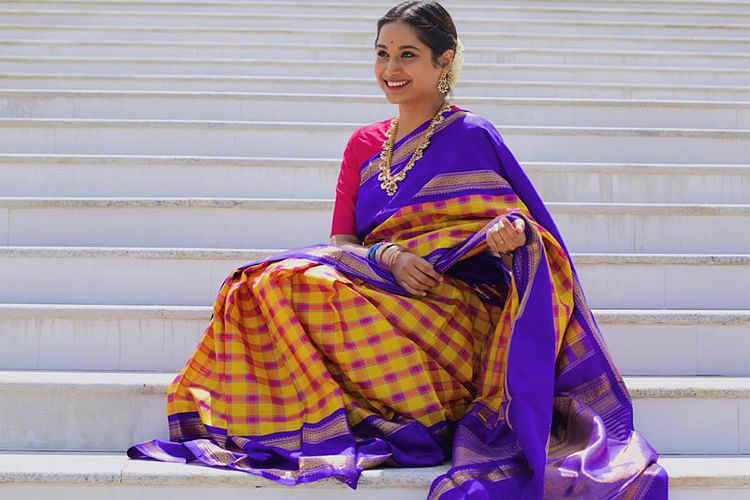 Clothing,Purple,Sari,Yellow,Silk,Textile,Magenta,Formal wear,Costume