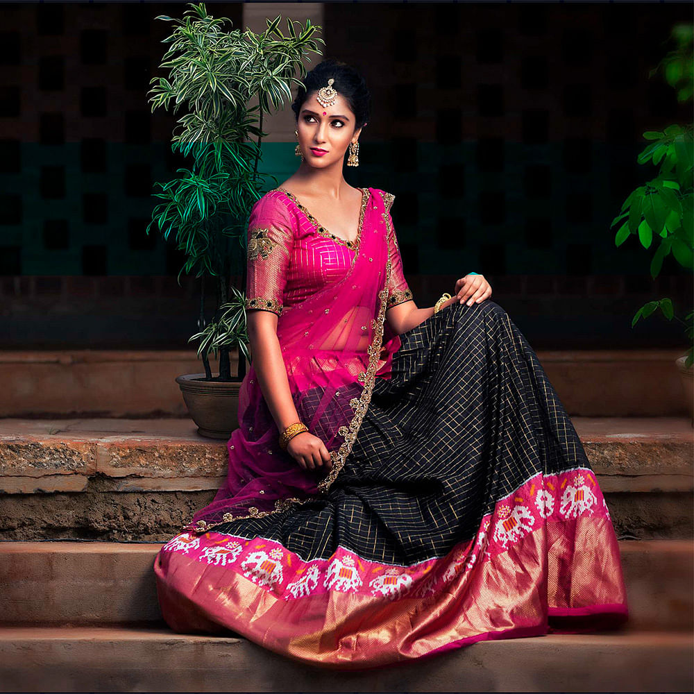 Pink,Clothing,Magenta,Sari,Formal wear,Sitting,Textile,Tradition,Photo shoot,Silk