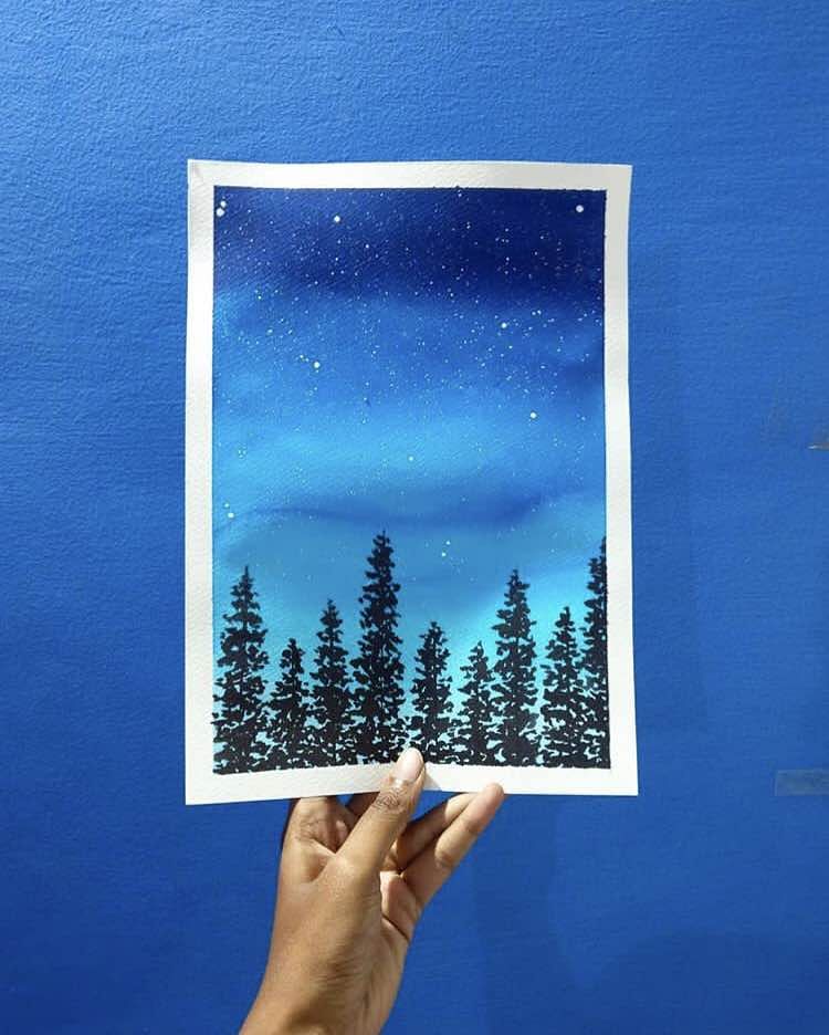 Blue,Sky,Tree,Painting,Hand,Cloud,Room,Picture frame,Acrylic paint,Finger