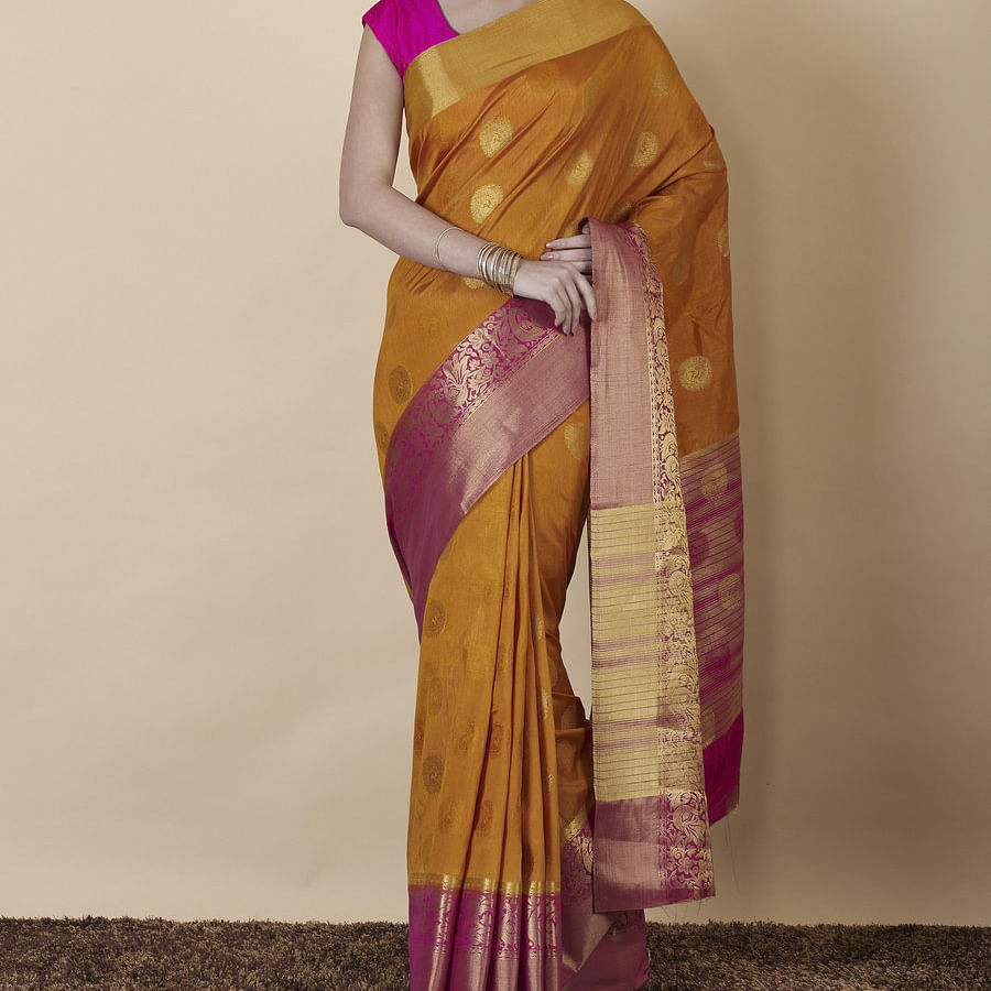 Clothing,Sari,Yellow,Pink,Magenta,Silk,Purple,Textile,Fashion design,Formal wear