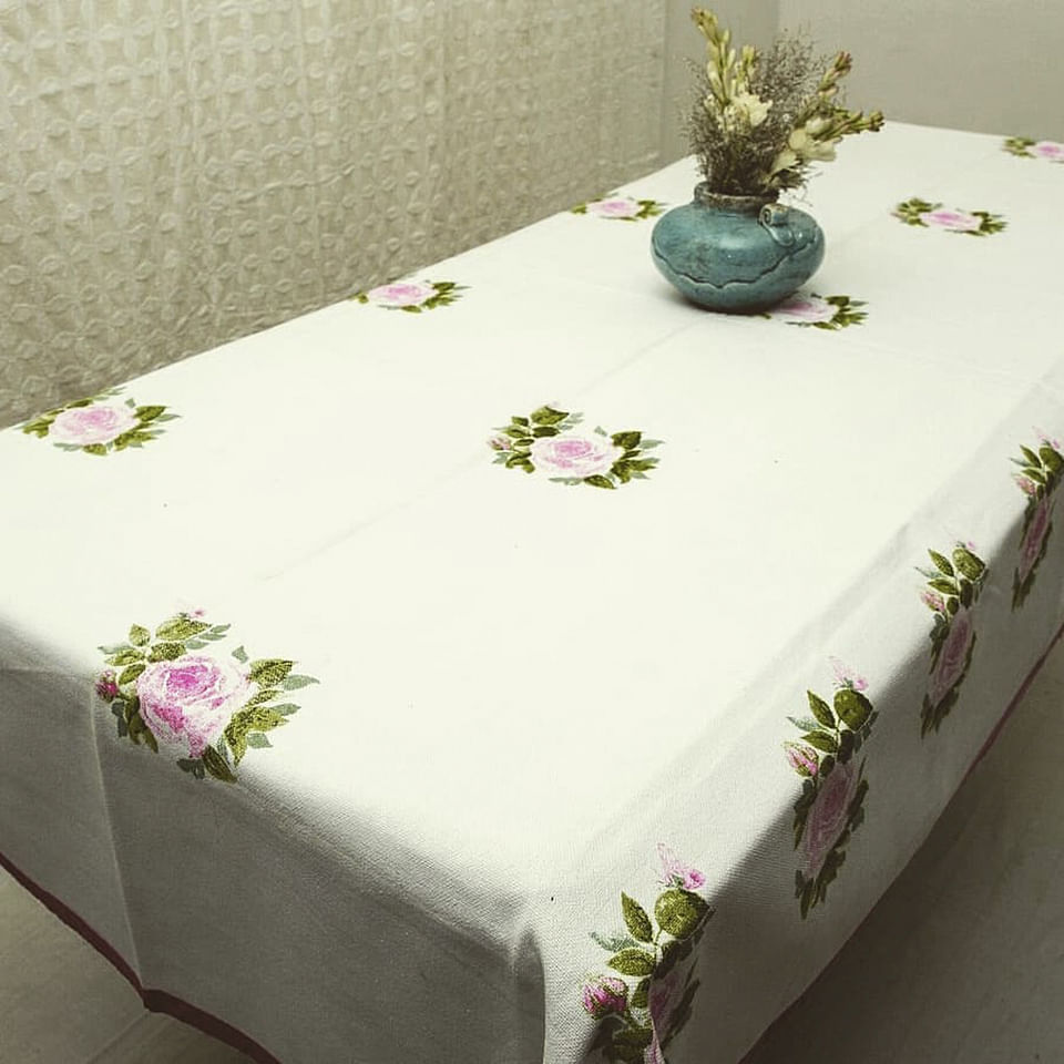 Tablecloth,Textile,Home accessories,Pink,Table,Linens,Rectangle,Embroidery,Floral design,Floristry