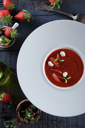 Dish,Food,Soup,Gazpacho,Strawberry,Cuisine,Strawberries,Ingredient,Produce,Vegetable