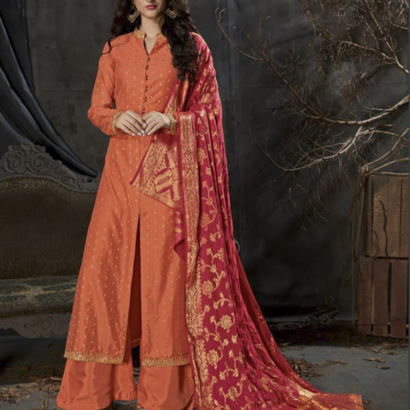 Clothing,Formal wear,Fashion model,Orange,Peach,Dress,Sari,Maroon,Brown,Gown