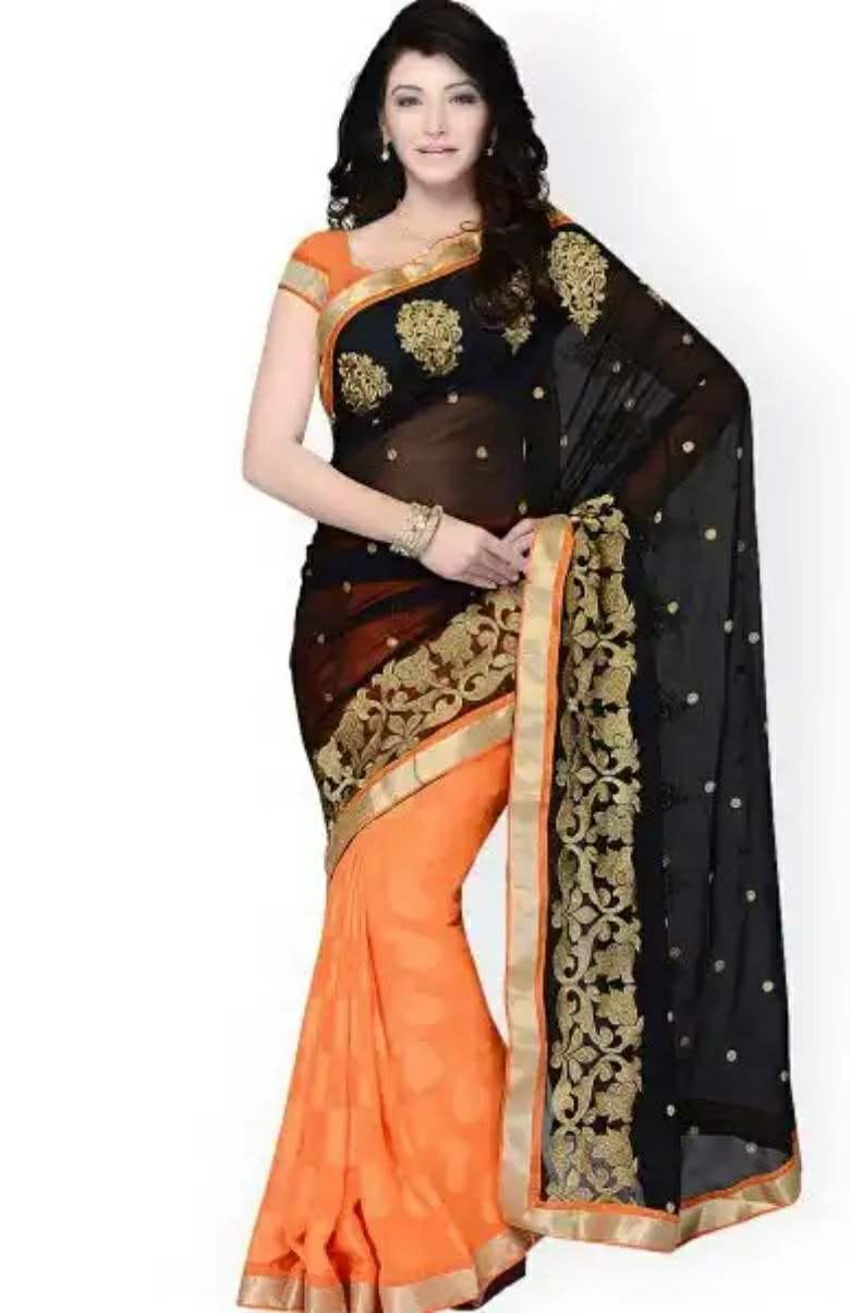 Clothing,Sari,Orange,Fashion model,Peach,Brown,Pink,Maroon,Beige,Blouse