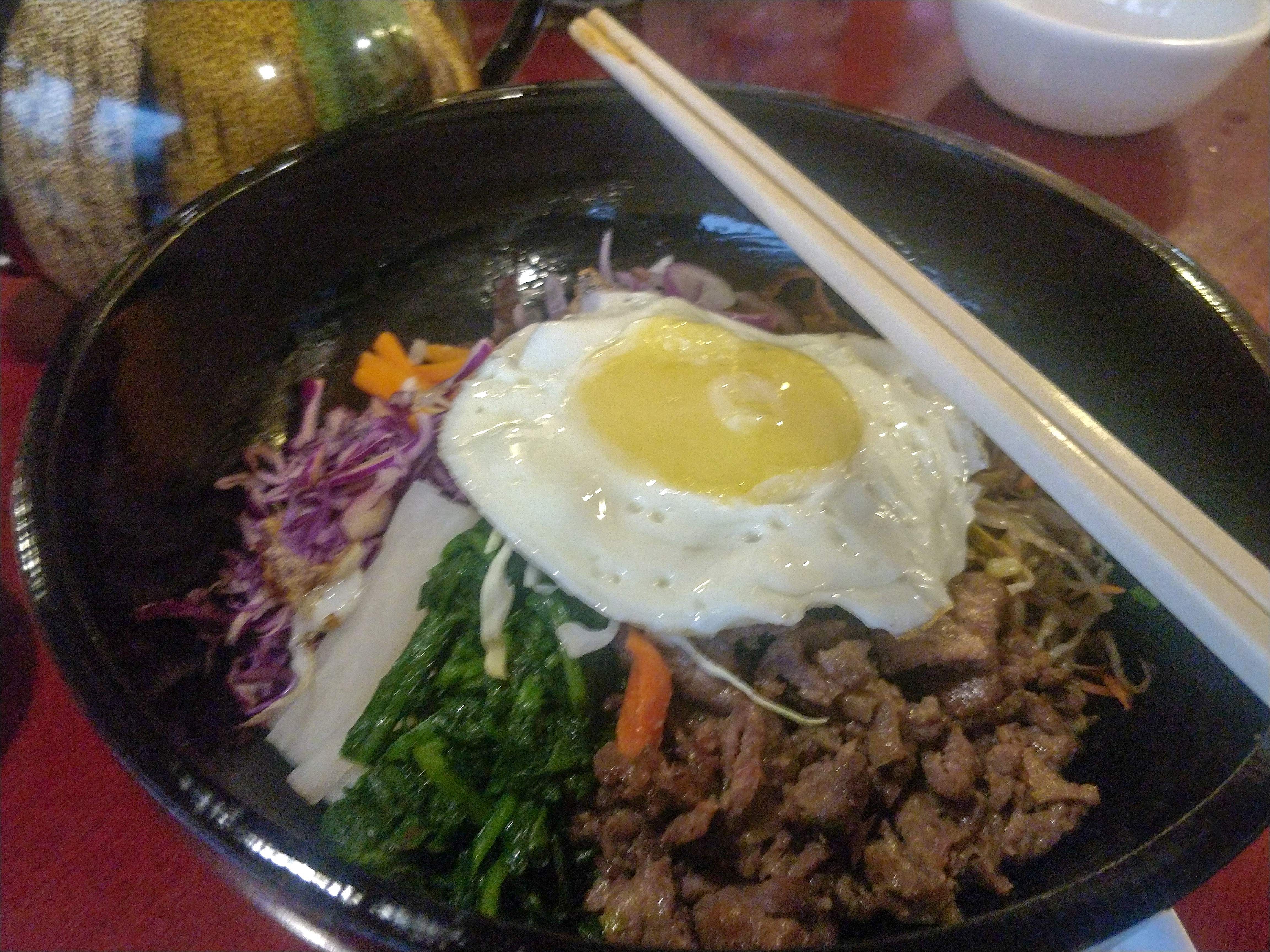 Dish,Food,Cuisine,Ingredient,Bibimbap,Steamed rice,Poached egg,Fried egg,Meat,Produce