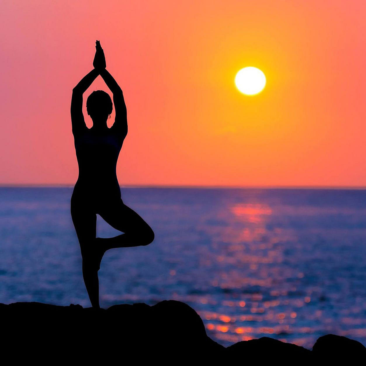 People in nature,Physical fitness,Yoga,Silhouette,Sky,Horizon,Beauty,Sunrise,Standing,Sunset