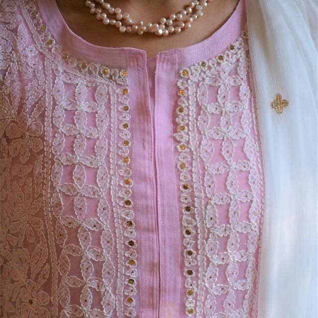 Pink,Clothing,Peach,Magenta,Dress,Embroidery,Textile,Lace,Neck,Pattern