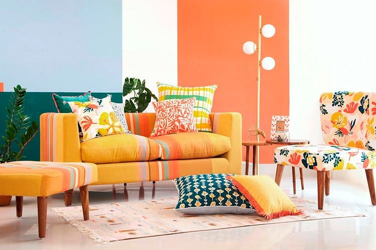 Furniture,Living room,Room,Yellow,Orange,Couch,Interior design,Turquoise,Table,studio couch