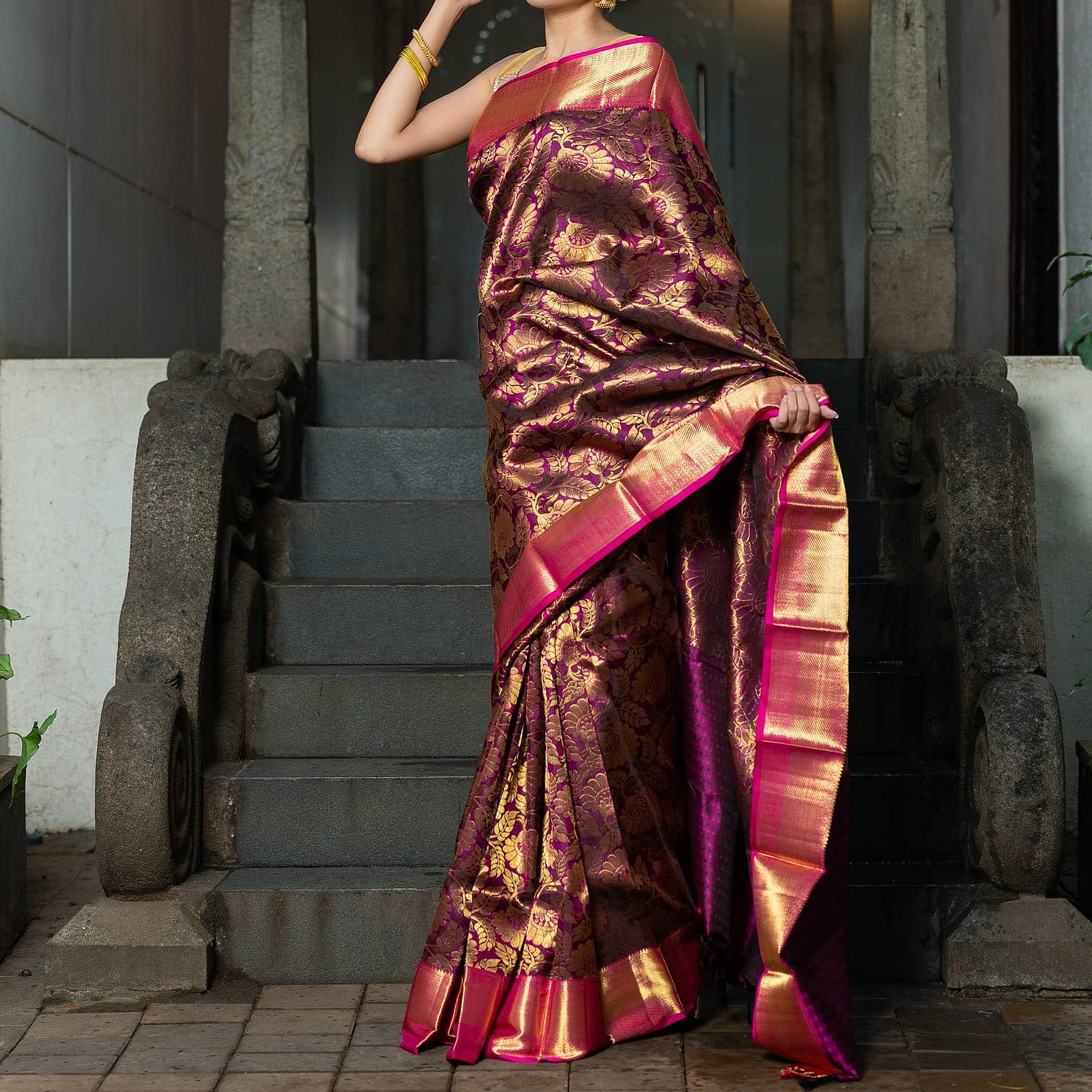 Clothing,Sari,Pink,Silk,Maroon,Magenta,Formal wear,Textile,Dress,Fashion model