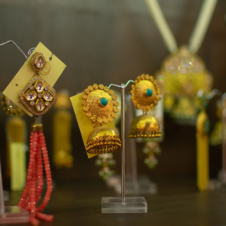 Product,Yellow,Jewellery,Fashion accessory,Metal,Gold,Earrings,Glass,Turquoise