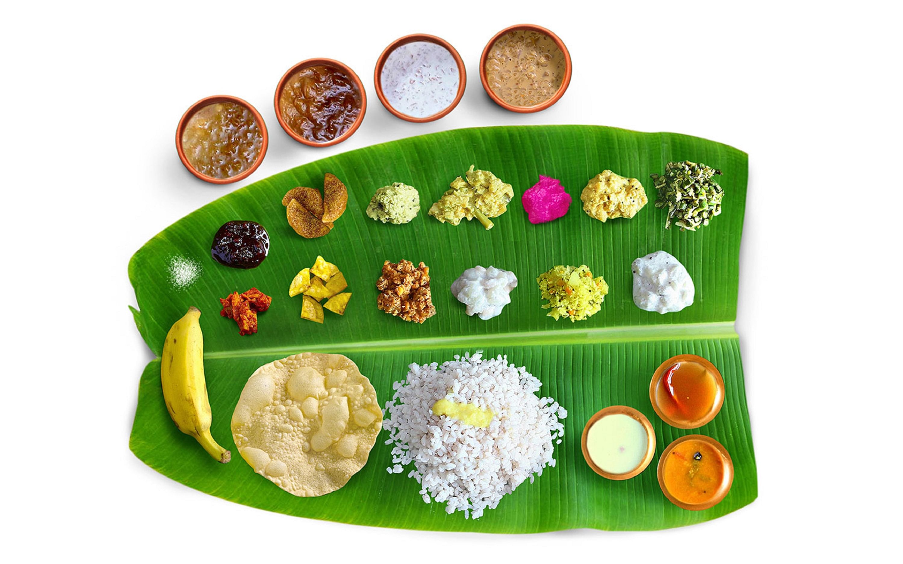 Sadya,Food,Cuisine,Dish,Indian cuisine,Tamil food,Leaf,Vegetarian food,Comfort food,Platter