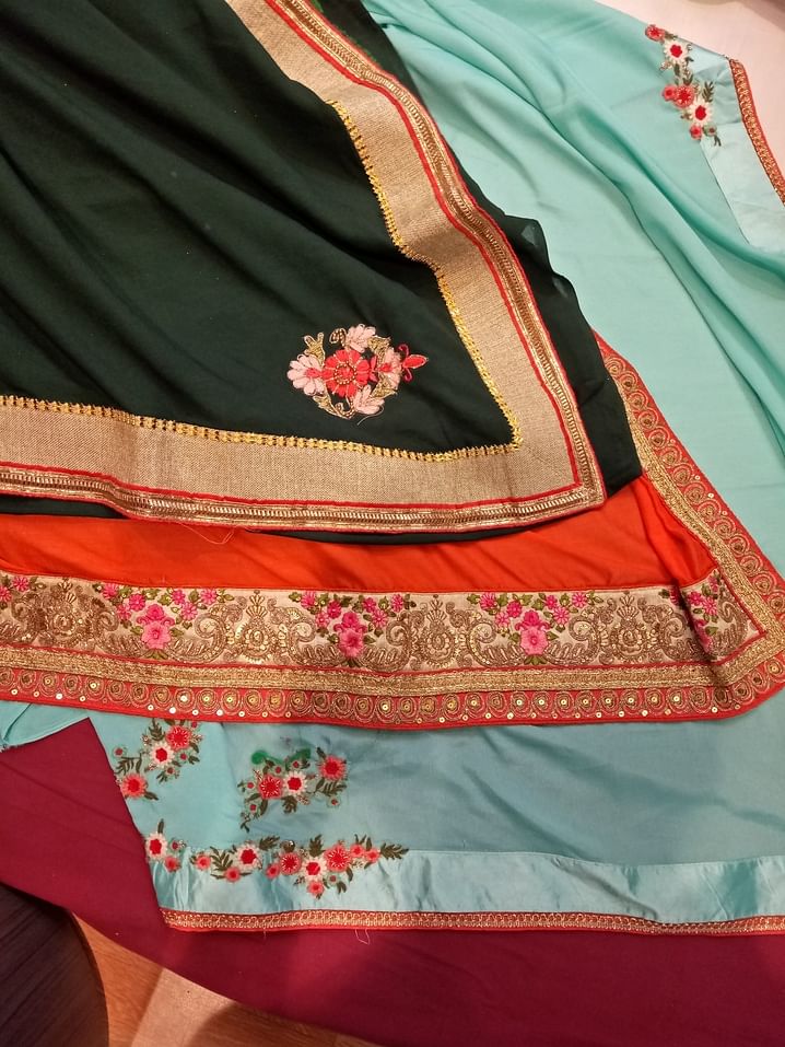 Clothing,Green,Maroon,Magenta,Peach,Orange,Pink,Textile,Embroidery,Sari