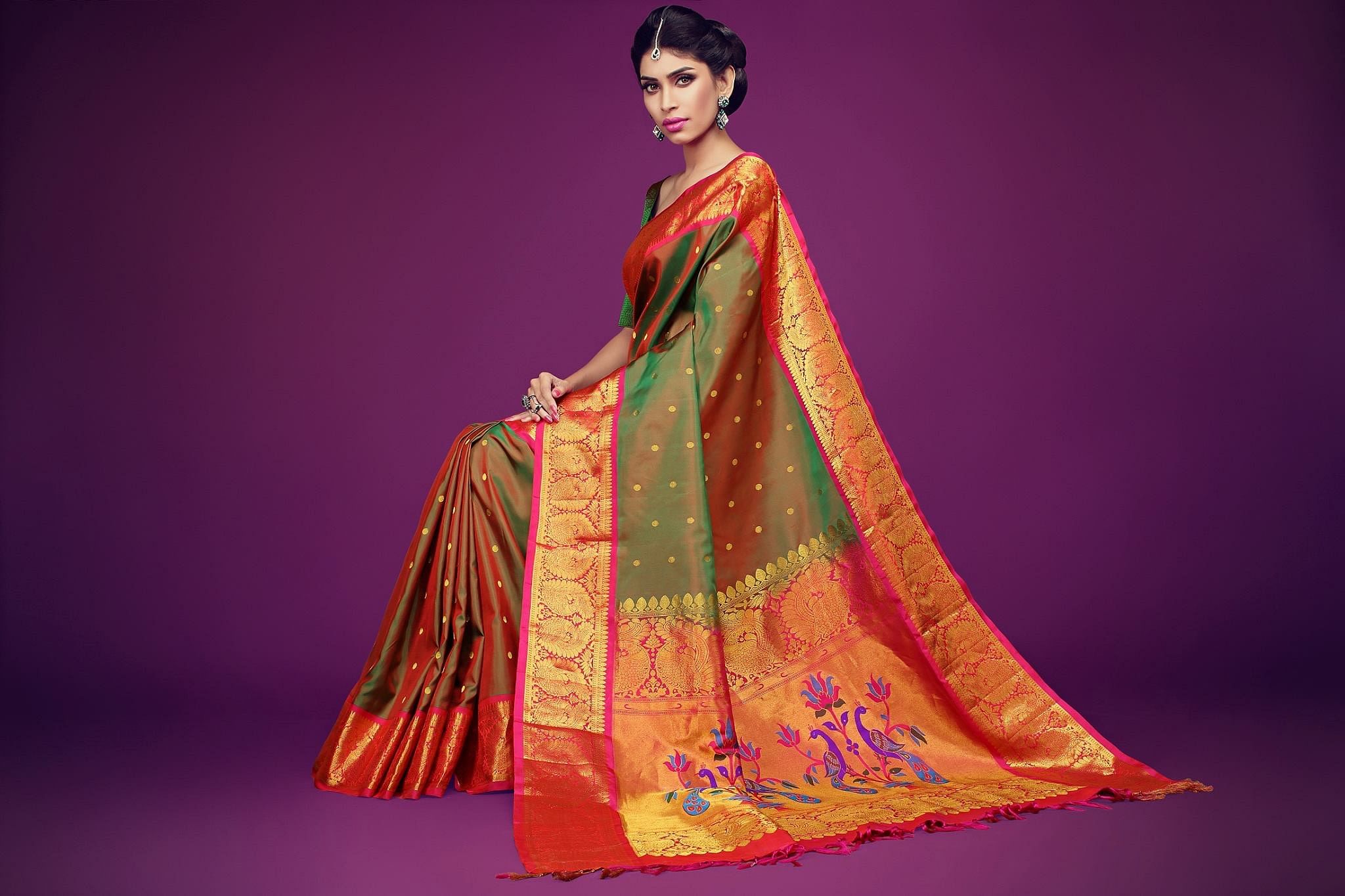 Clothing,Orange,Yellow,Sari,Formal wear,Fashion model,Silk,Purple,Magenta,Textile