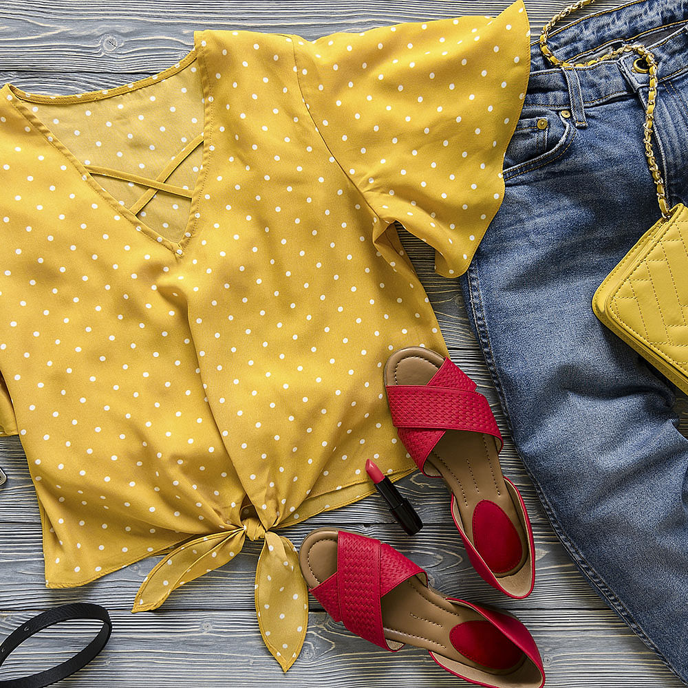 Yellow,Footwear,Textile,Design,Jeans,Pattern,Outerwear,Pattern,Polka dot,Denim