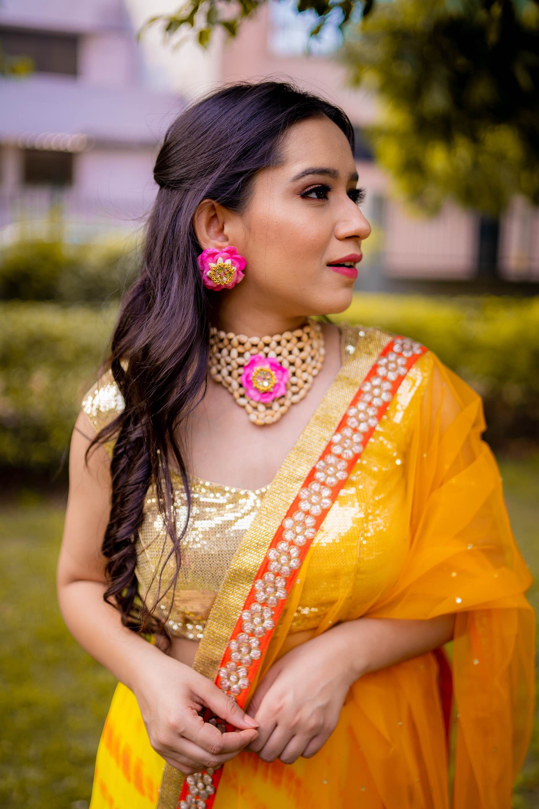 Yellow,Orange,Clothing,Lady,Abdomen,Beauty,Sari,Photo shoot,Peach,Cool