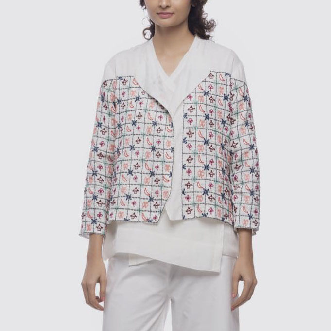 Clothing,White,Outerwear,Sleeve,Jacket,Neck,Top,Blouse,Blazer,Pattern
