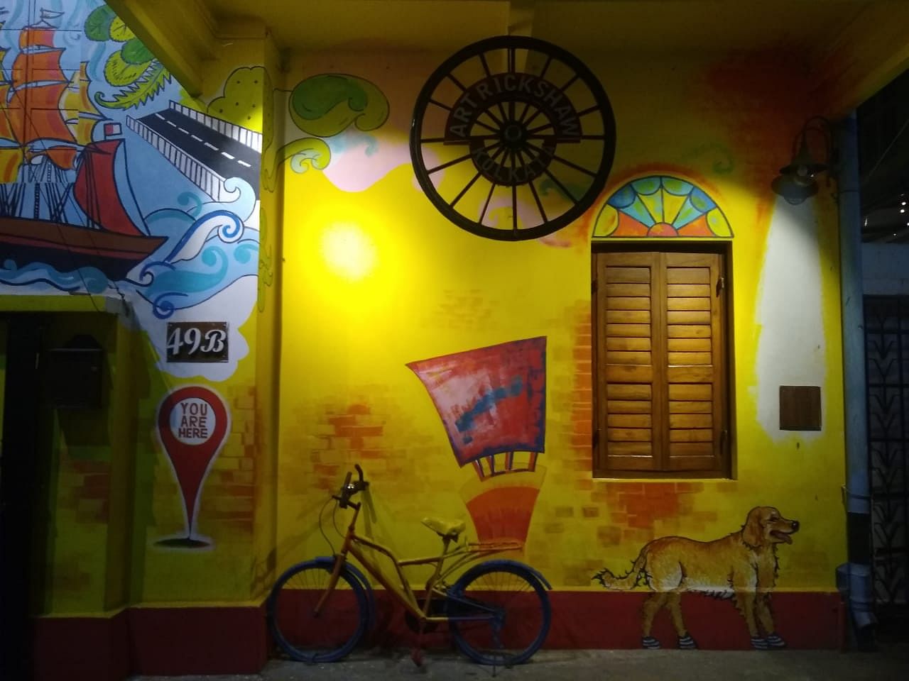 Yellow,Wall,Majorelle blue,Mural,Room,Art,Building