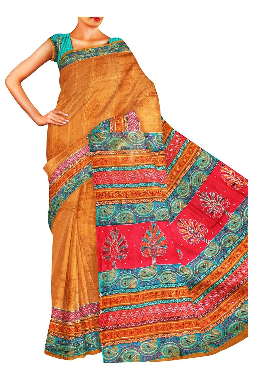 Clothing,Sari,Orange,Turquoise,Green,Yellow,Aqua,Teal,Maroon,Magenta