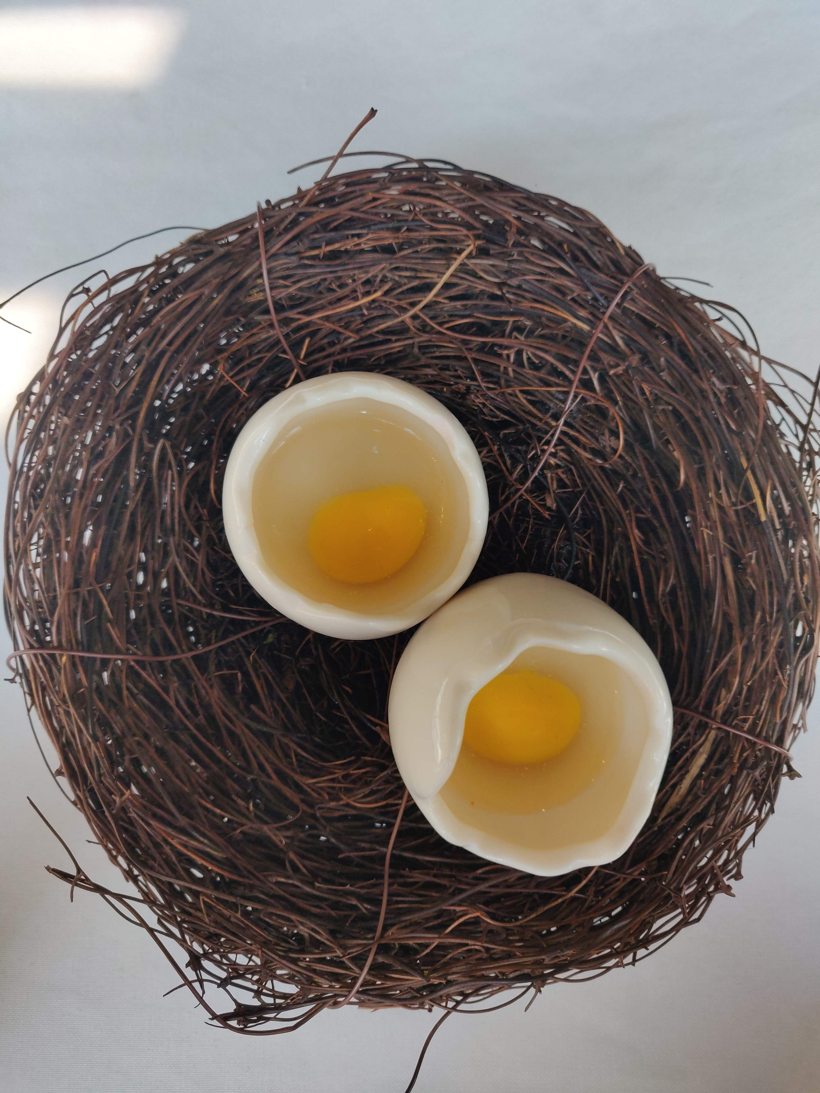 Bird nest,Food,Dish,Egg yolk,Egg,Egg,Twig,Ingredient,Nest,Cuisine