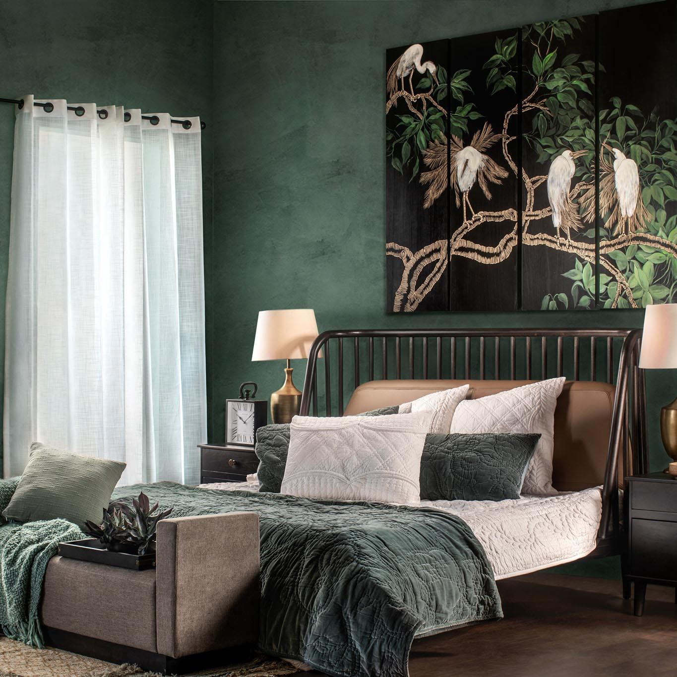 Furniture,Room,Bed,Interior design,Green,Curtain,Wall,Bedroom,Couch,studio couch