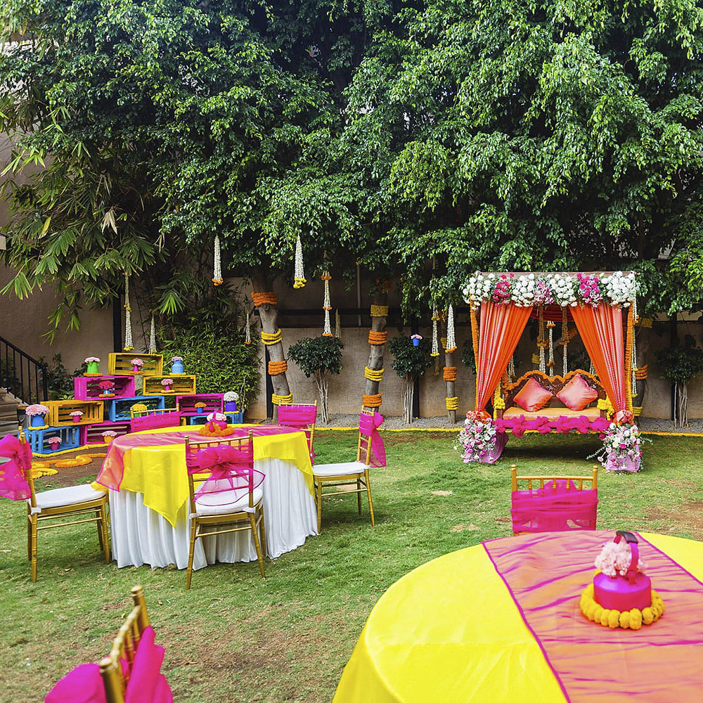 Decoration,Pink,Backyard,Party,Event,Chair,Grass,Function hall,Tree,Table