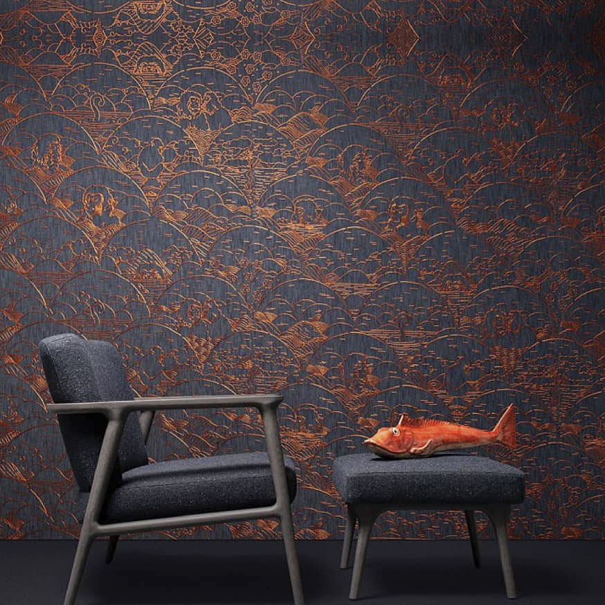 Wallpaper,Furniture,Wall,Room,Orange,Chair,Design,Table,Pattern,Visual arts