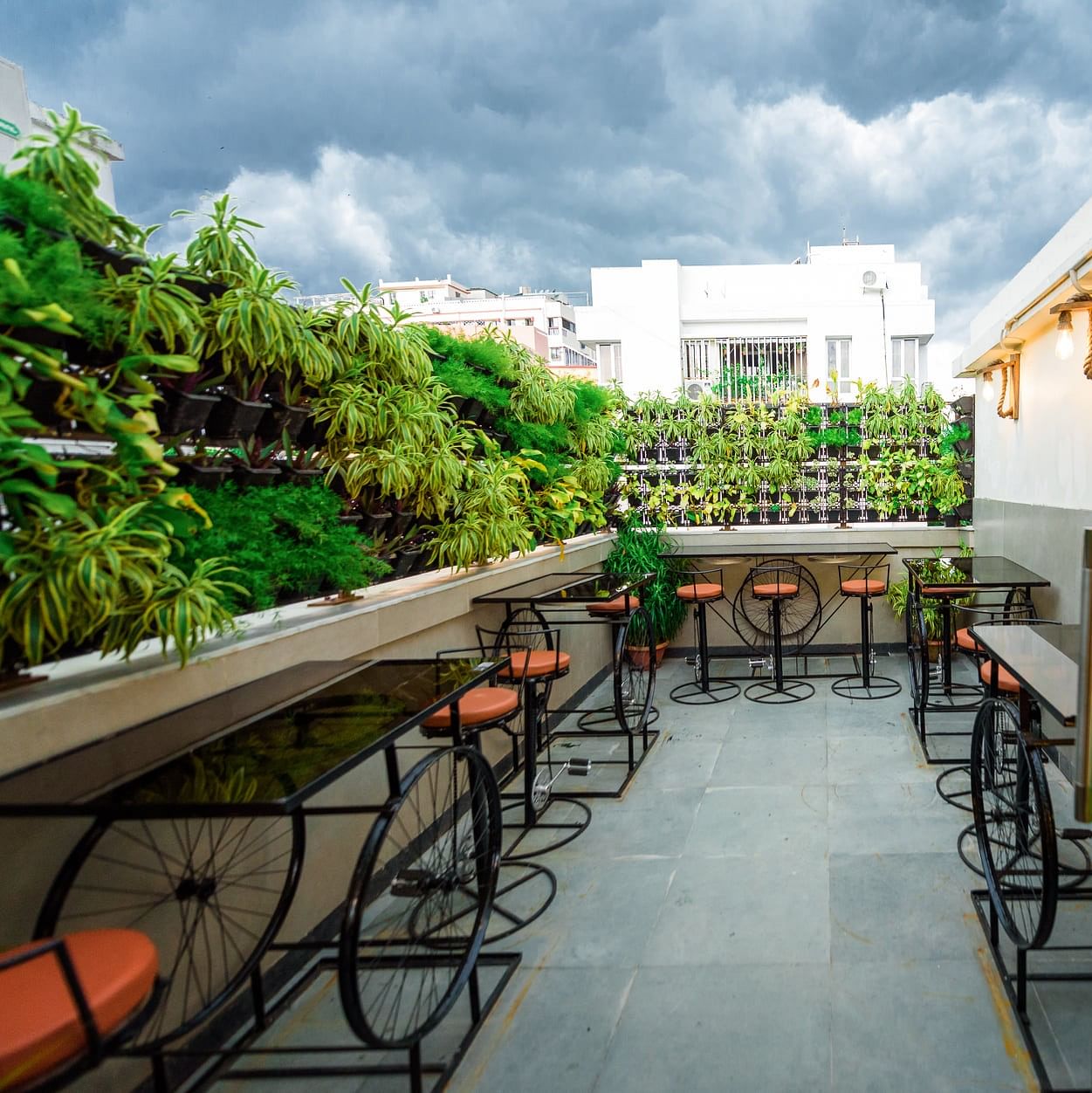 Table,Outdoor table,Outdoor furniture,Iron,Bicycle wheel rim,Houseplant,Patio,Bicycle wheel,Herb,Courtyard