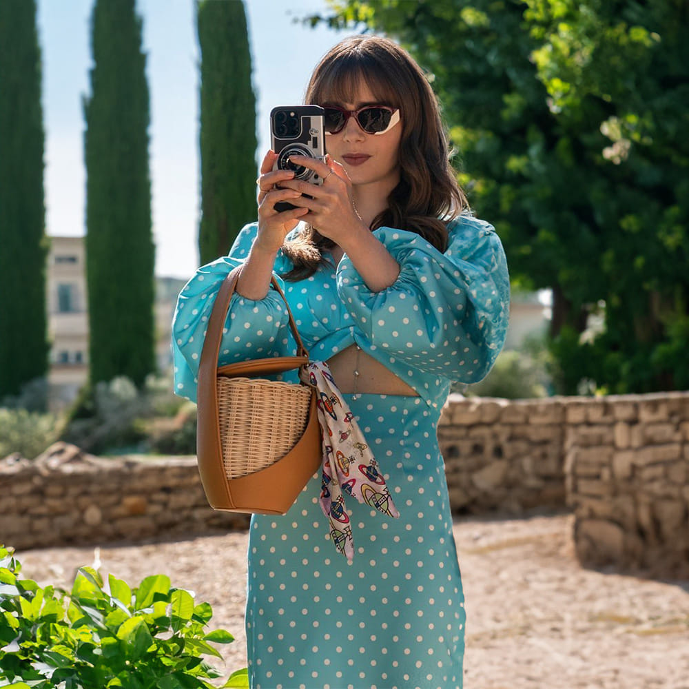 emily in paris blue polka dot dress Orabella Bandage and Feather Dress (More Colors)