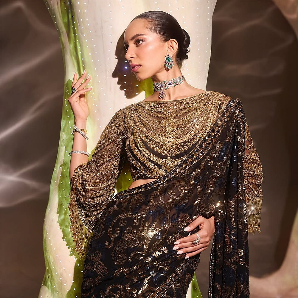 Sari,Fashion Model,Fashion design,Haute couture,Model,Embellishment,Silk,Makeover,Photo shoot