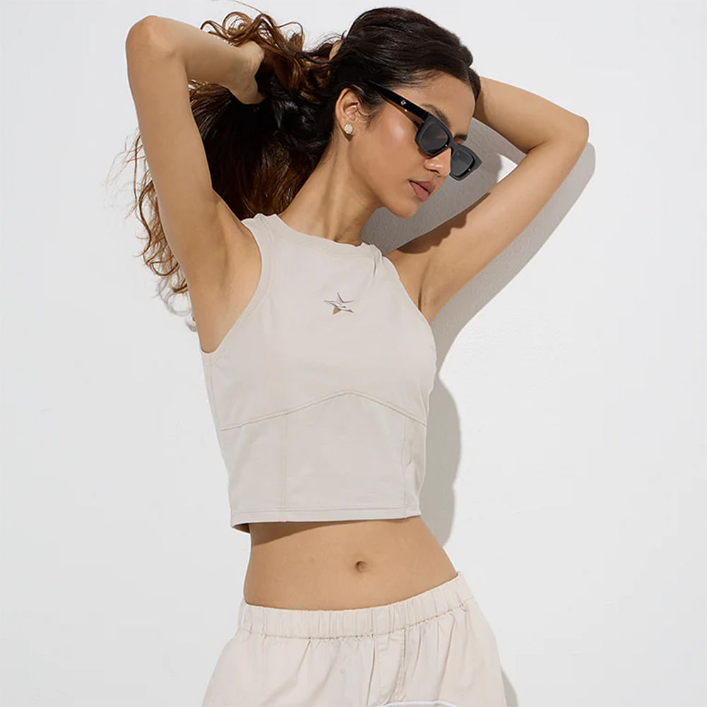Westside Nuon Beige Printed Cotton-Blend Tank Top