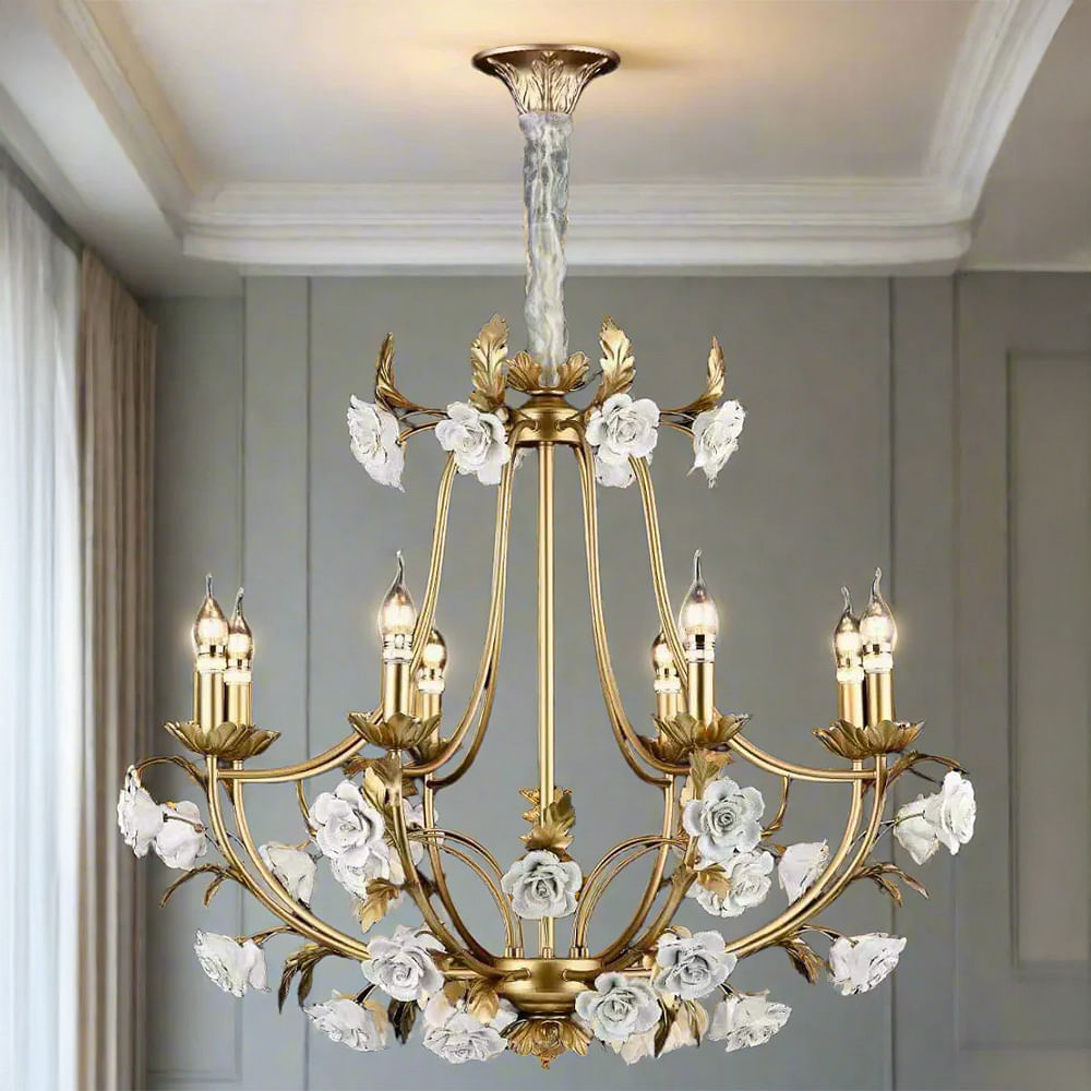 6 Light Brass Vintage Italian Chandelier Light for Dining Hall - Warm White