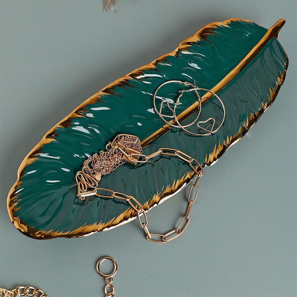 Bonhomie Green Solid Leaf Ceramic Tray