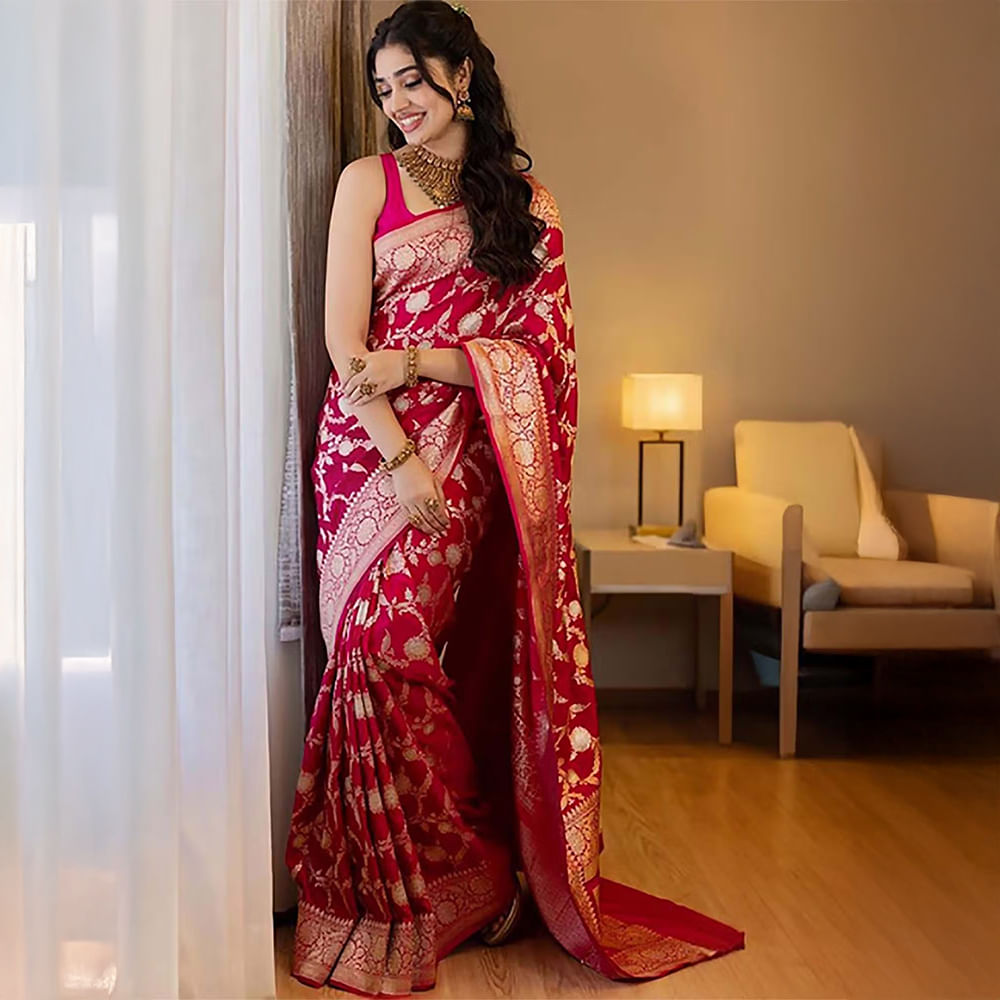 Anjaneya Sarees Pink Woven Designer Banarasi Silk Kanjivaram Saree