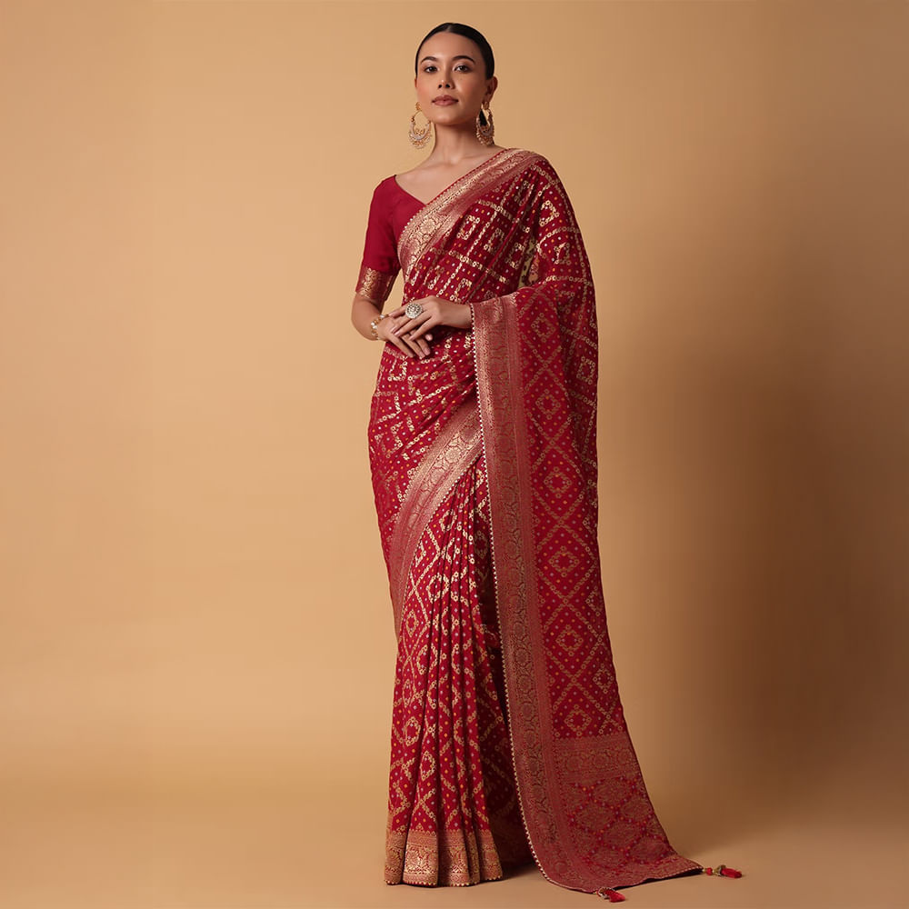 Kalki Fashion Bandhani Weave Red Banarasi Georgette Saree